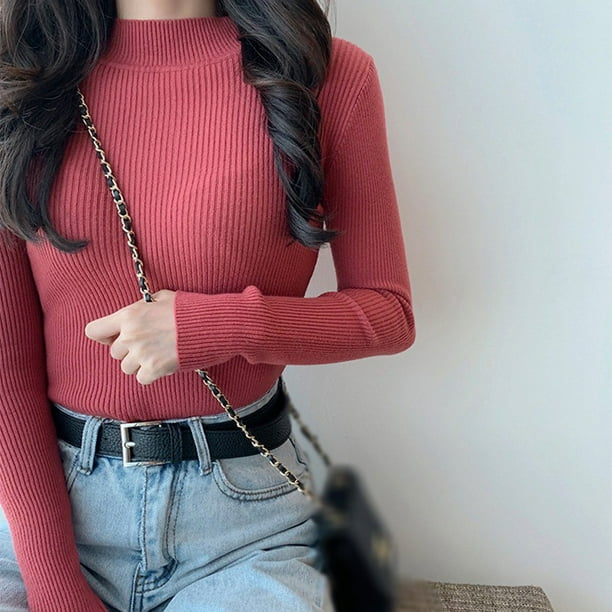 Camiseta De Cuello En V De Moda Para Mujer Blusa De Color Sólido Camisas De Suéter De Punto Delgado De Manga Largapangjing