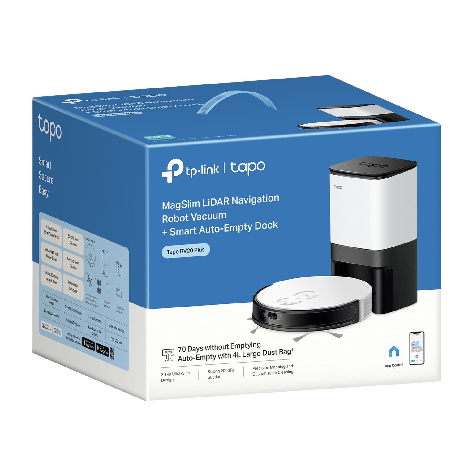 TP-Link Tapo Ultra-Slim Robot Vacuum, 3.07-inch Height, 2000Pa Hyper Suction, 4L Smart Auto-Empty Dock, Self-Charging, Customizable Room Cleaning, Quick Mapping, RV20 Plus