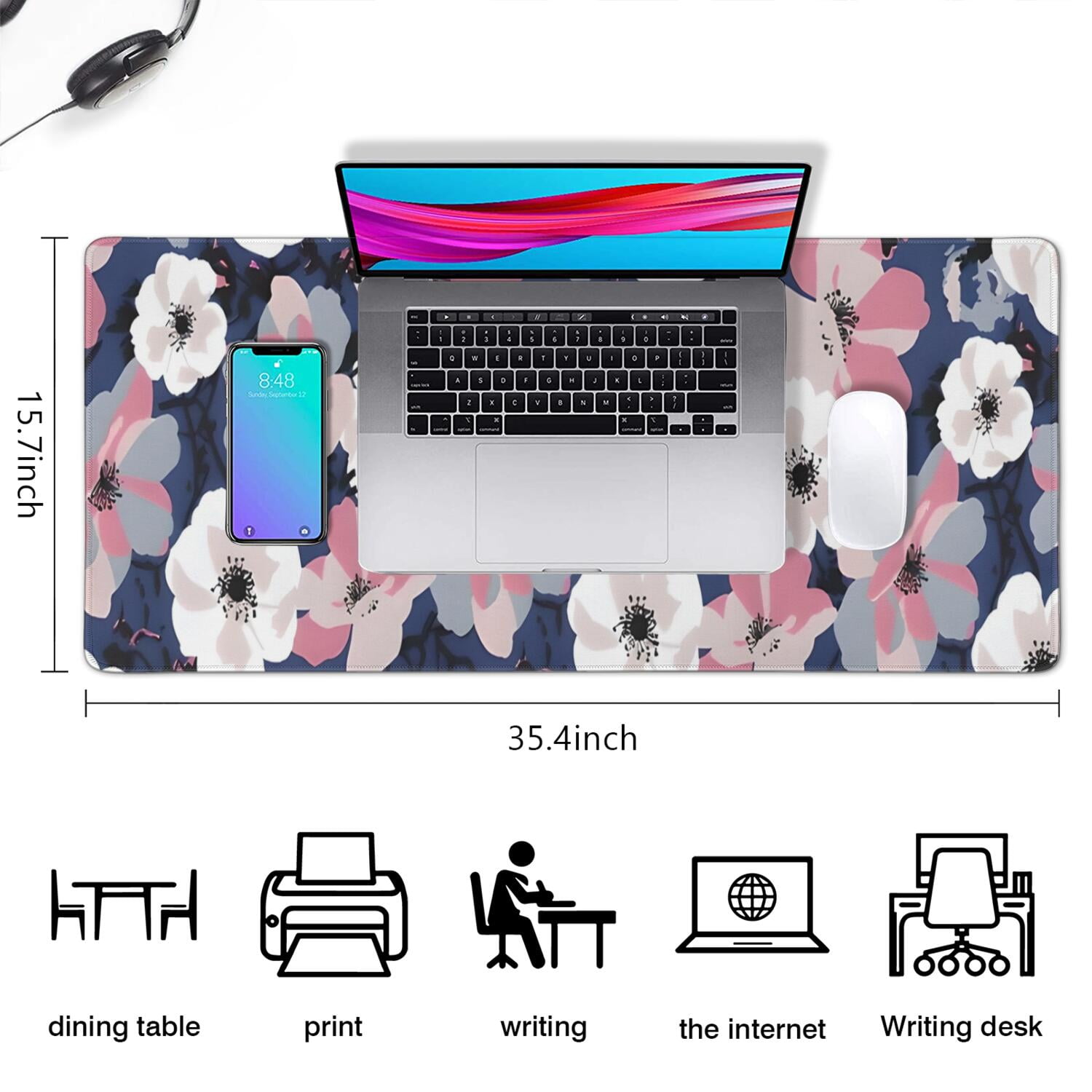Long Mouse Pads for Desk,Pioneer Flower Floral Print Pattern Desk Mats on Top Of Desks, Desk Mouse Pad Extra Large with 3mm Non-Slip Base and Stitched Edge for Gaming,Office,Work,Home 35.4"x15.7"