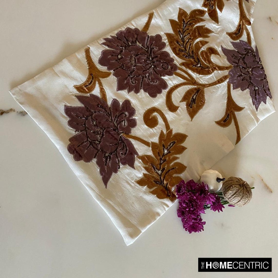 Decorative Table Runner Ivory, Gold, Purple, 14 inch wide x 90 inch long Silk Beaded Table Runner Ivory Blossoms Applique Velvet Embroidered Elegant Modern - Brown Floral