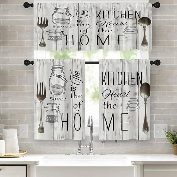 dinii 36 Inch Kitchen Curtains Black Farmhouse Rustic Window Curtains and Valances Set of 3, Vintage Fork Spoon Country Wooden Wood Short Tier Curtain, Vintage Small Kitchen Decor