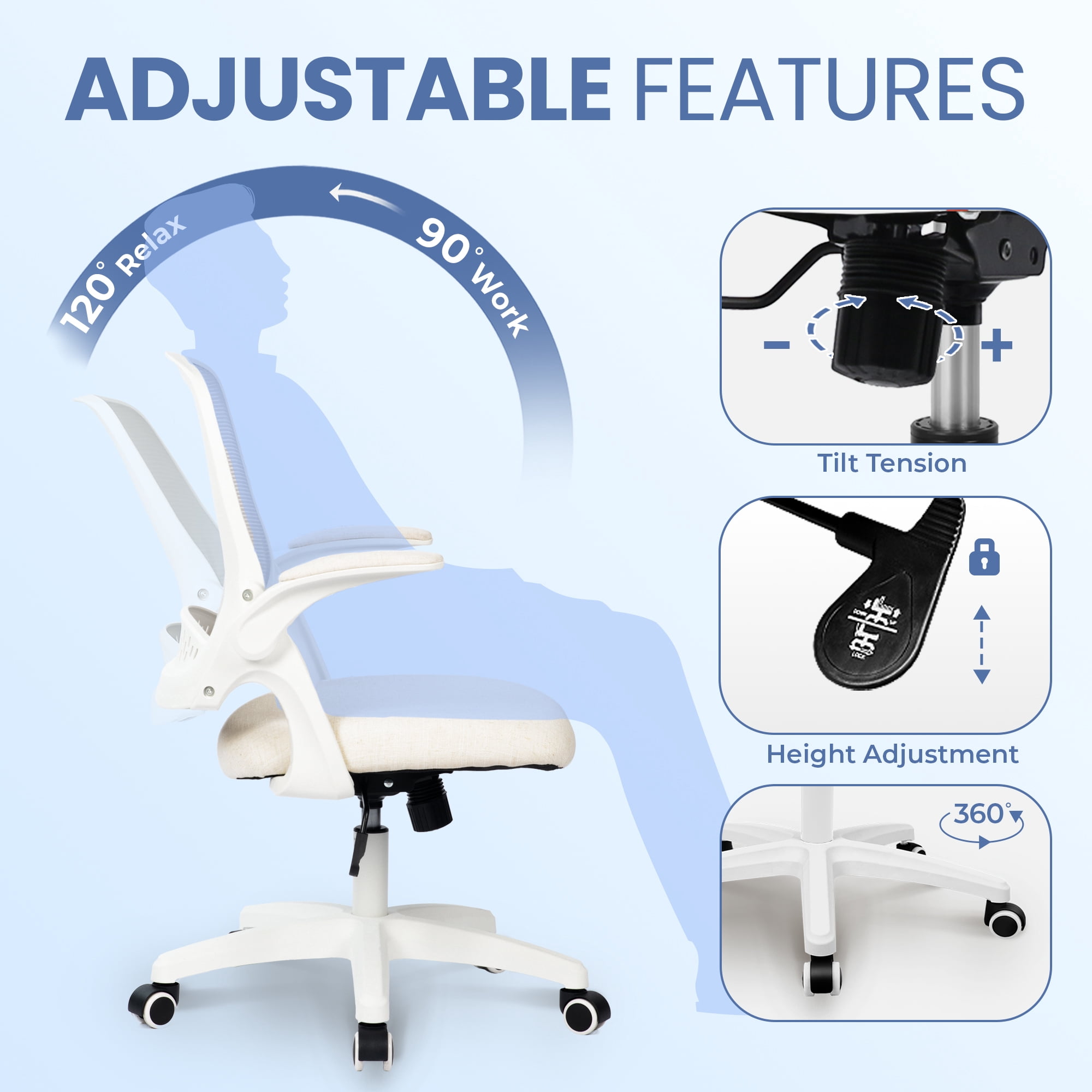 CELTOSS Ergonomic White Office Chair, Flip-Up Arms, Adjustable Lumbar Support, Ivory