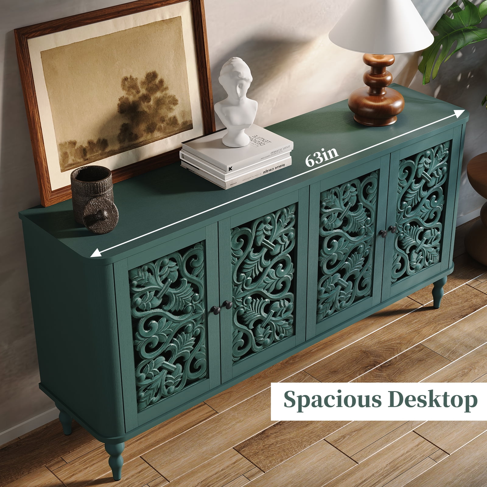 HLR 63" Mid Century Rounded Corners Sideboards Buffets Cabinet with 4 Doors Storage for Kitchen Dining, Green