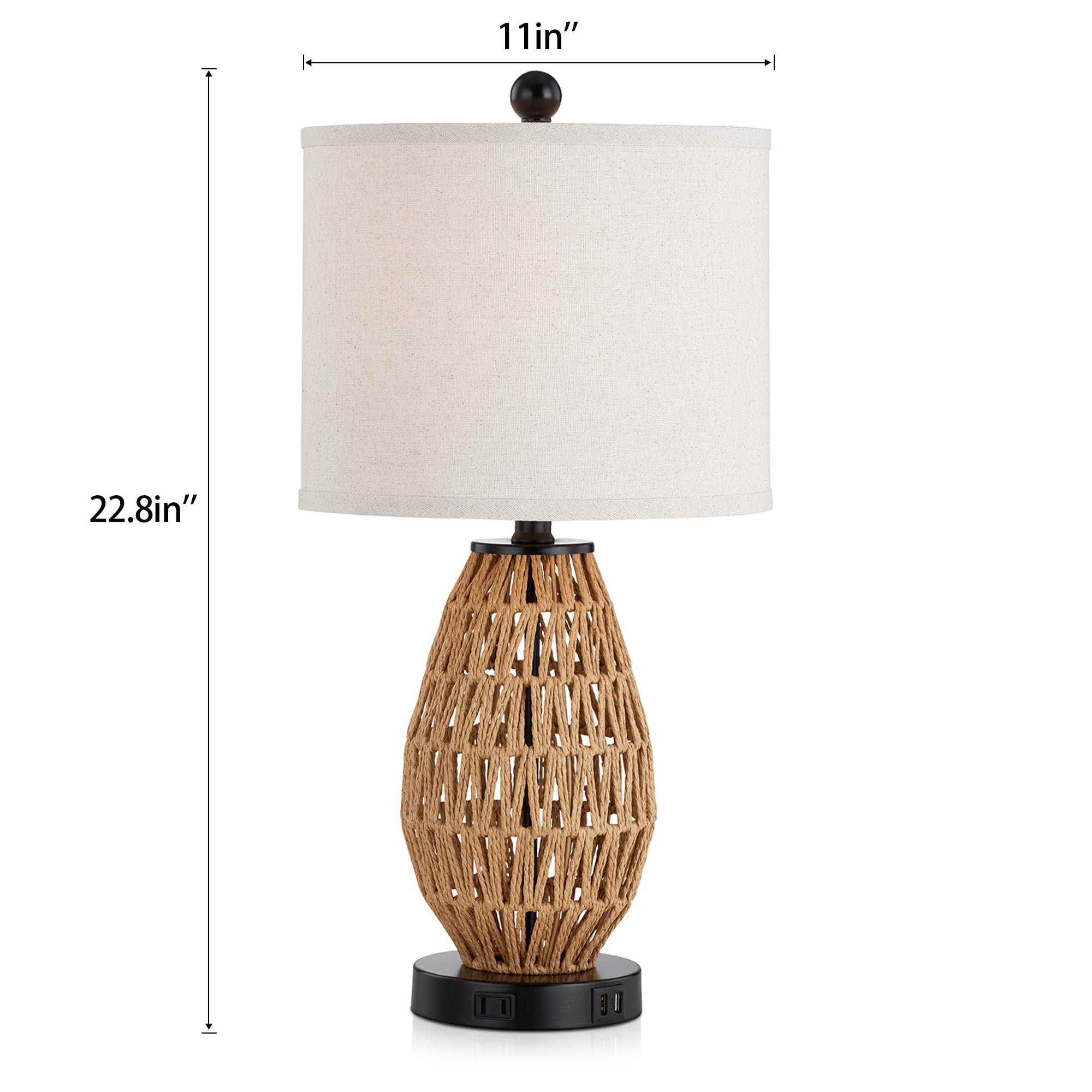 Cinkeda Rattan Table Lamps for Living Room Bedroom Modern 3 Way Dimmable Touch Nightstand Bedside Lamp with USB Ports AC Outlet