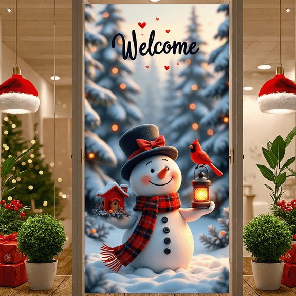 Snowman Banner Winter Welcome Decoration Christmas Snowflake Polyester Fabric Sign for Holiday Party Indoor Outdoor