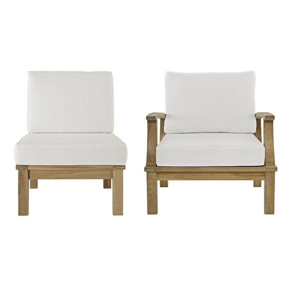 Modern Contemporary Two PCS Outdoor Patio Teak Sofa Set, White, Fabric, Wood