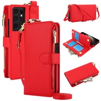 ELEHOLD For Samsung Galaxy S21 Ultra Phone Case Leather Crossbody Zipper Card Wallet Flip Case Kickstand Cover, with Ring Holder,Full Body Protection-Red