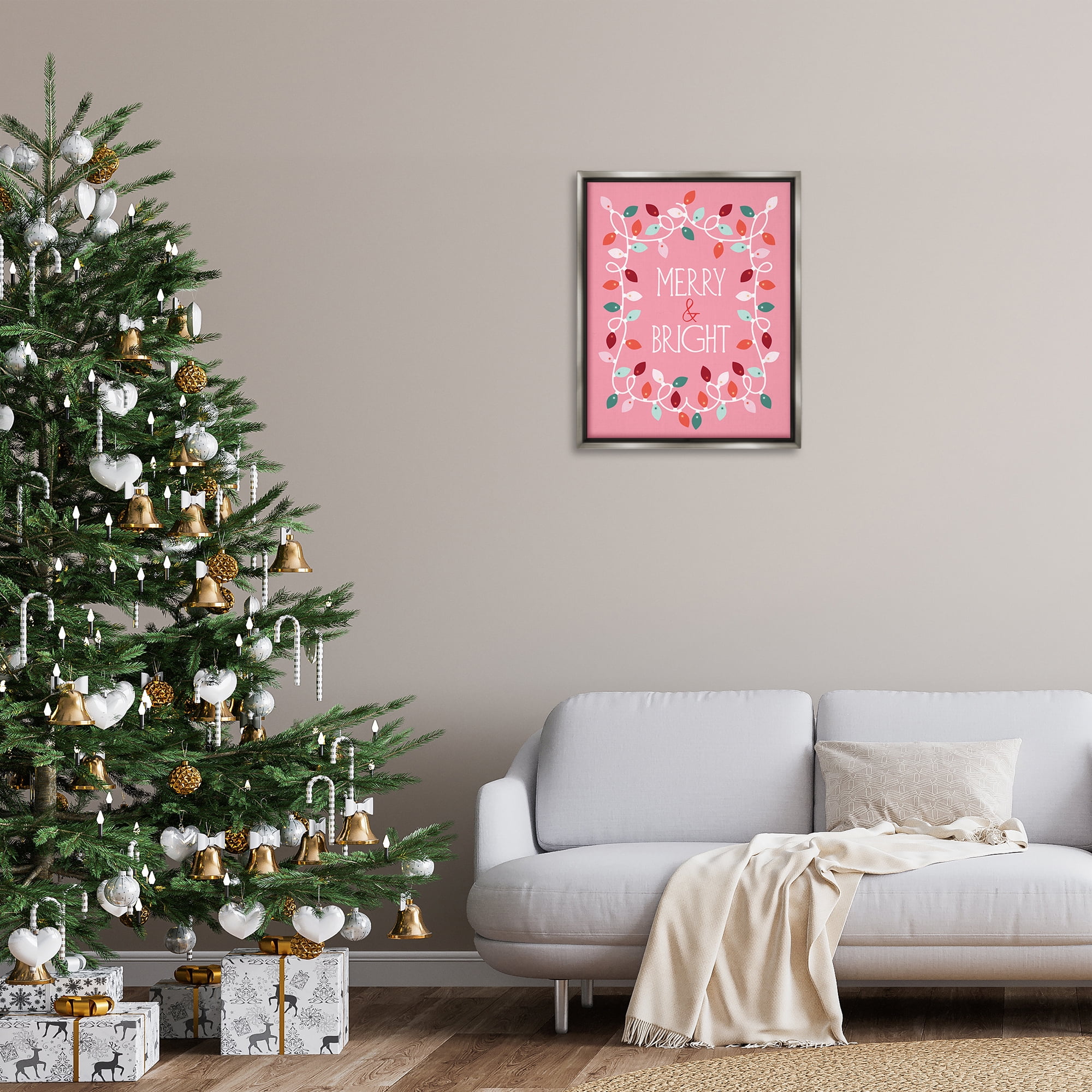 Stupell Industries Merry and Bright Pink Holiday Painting Gray Floater Framed Canvas Art Prints Wall Art, 25 x 31