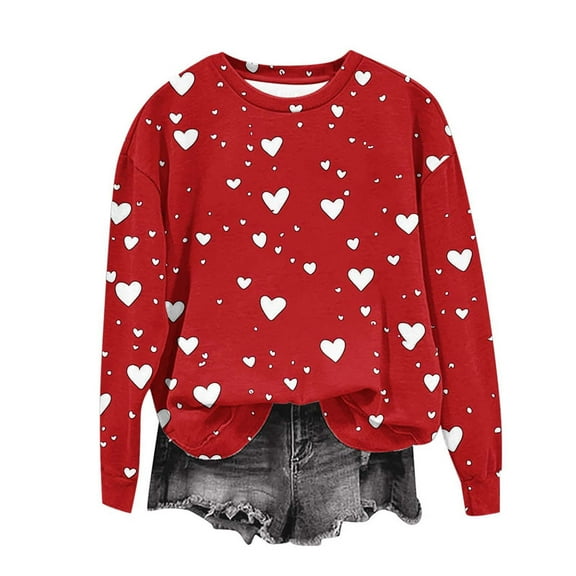 VgaVtl Valentines Day Sweatshirts for Women Red Long Sleeve Women Tops Workout Vacation Heart Print Pullover Loose Tops