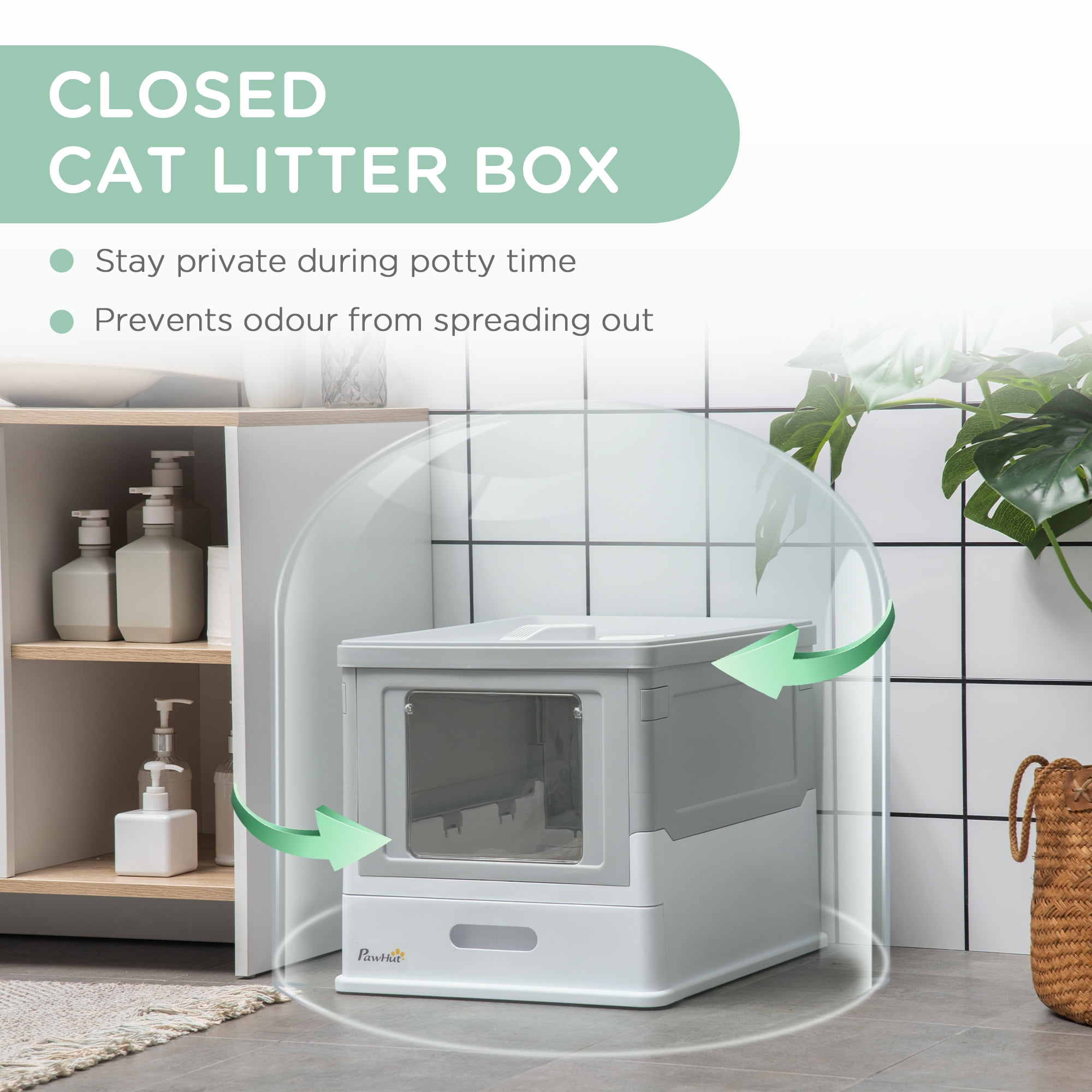 PawHut Fully Enclosed Cat Litter Box with Front Entry, Top Exit, Gray