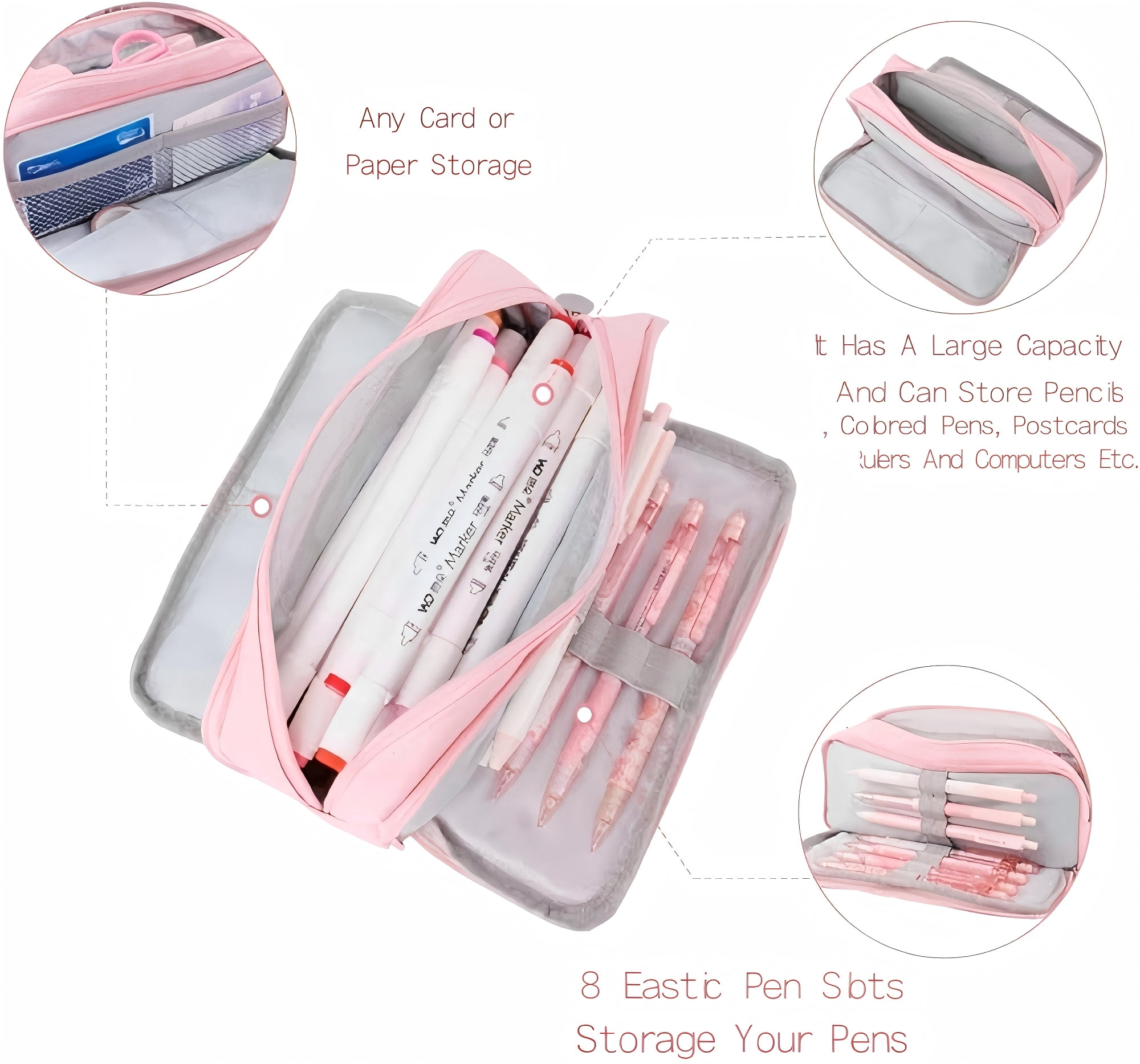 Heluo.Zu Office Pencil Case,Colored Pencils Pouch for Students Stationary,3 Compartments Canvas Pencil Bag Pencil Boxes with Zipper,Pink