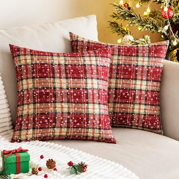 Pack of 2 Christmas Plaid Decorative Throw Pillow Covers Snowflake Tartan Scottish Cushion Cover for Sofa Couch Farmhouse Holiday Decor