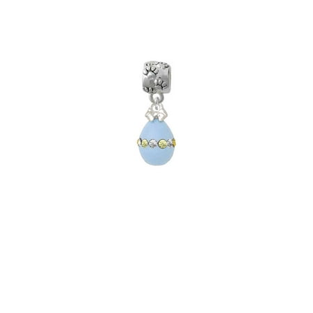 Easter Egg Bead - Silvertone Light Blue Easter Egg with Multicolored Crystal Band - Paw Print Charm Bead