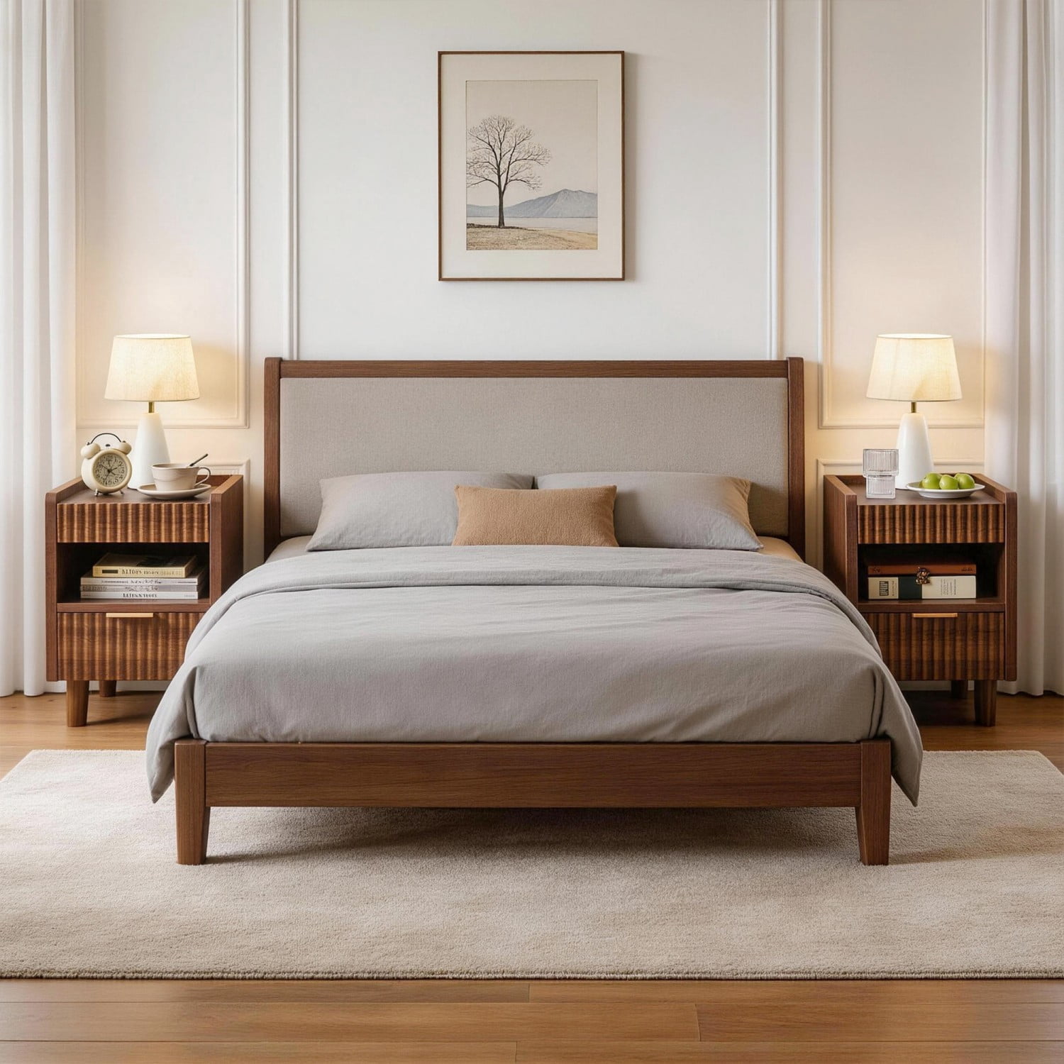 Set of 2 Walnut Brown Fluted Nightstands with Drawer and Open Storage, Modern Wood Bedside Tables, Side End Tables for Bedroom, Living Room, Home Decor