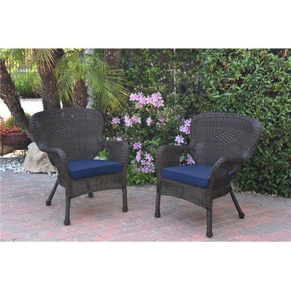 W00215-C-2-FS011 Windsor Espresso Resin Wicker Chair with Blue Cushion - Set of 2