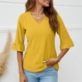 thumbnail image 2 of Ltctricy T Shirts for Women Trendy Bell 3/4 Sleeve V Neck Embroidered Loose Tunic Tops Dressy Casual Tee Blouses(Yellow,Medium), 2 of 5