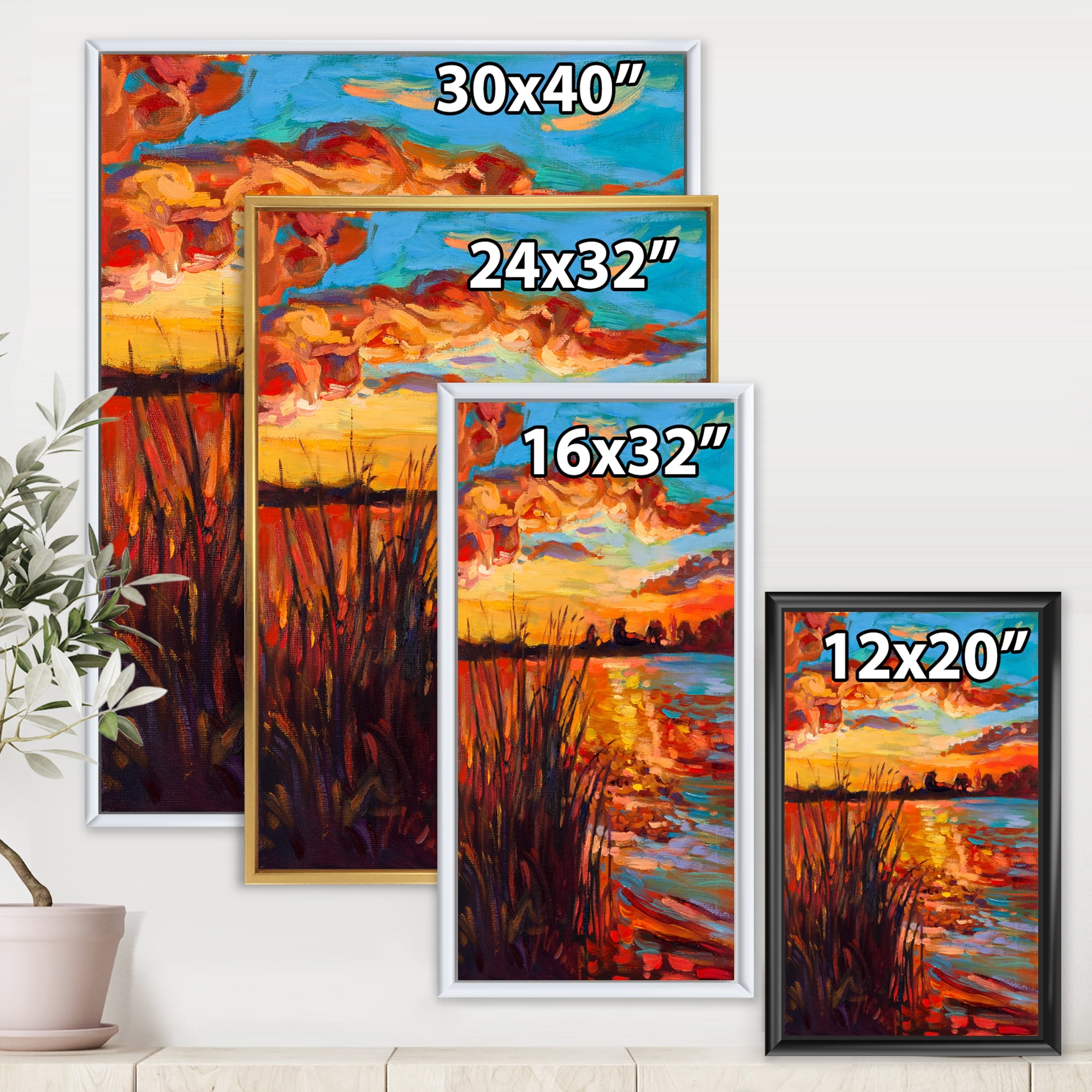 The Lake At Sunset Evening Glow I 30 in x 40 in Framed Painting Canvas Art Print, by Designart