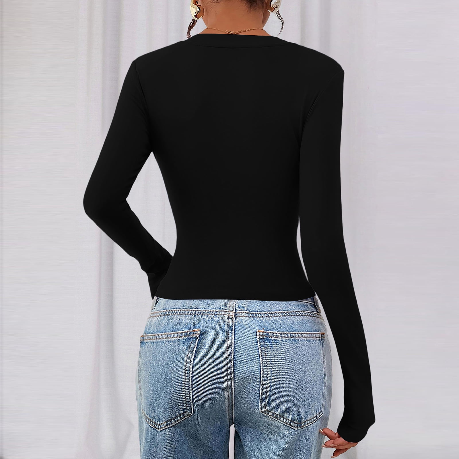 Long Sleeve Shirts for Women 2025 Fall Fashion V Neck Basics Crop