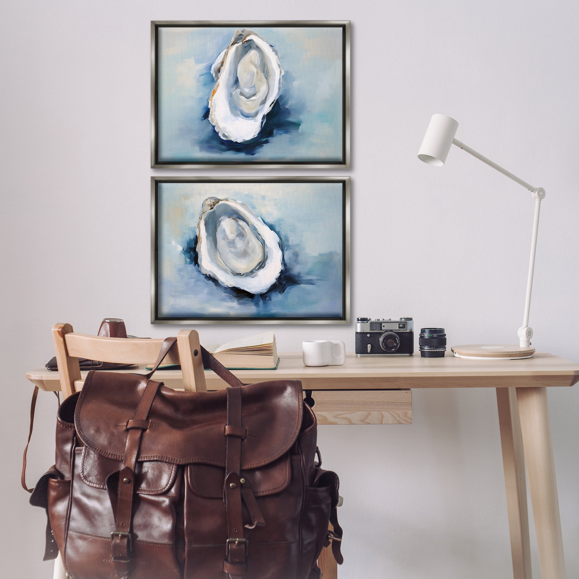 Stupell Industries Open Oyster Mollusk Shells Nautical & Beach Painting Gray Floater Framed Canvas Art Print Wall Art, 25 x 17, Set of 2