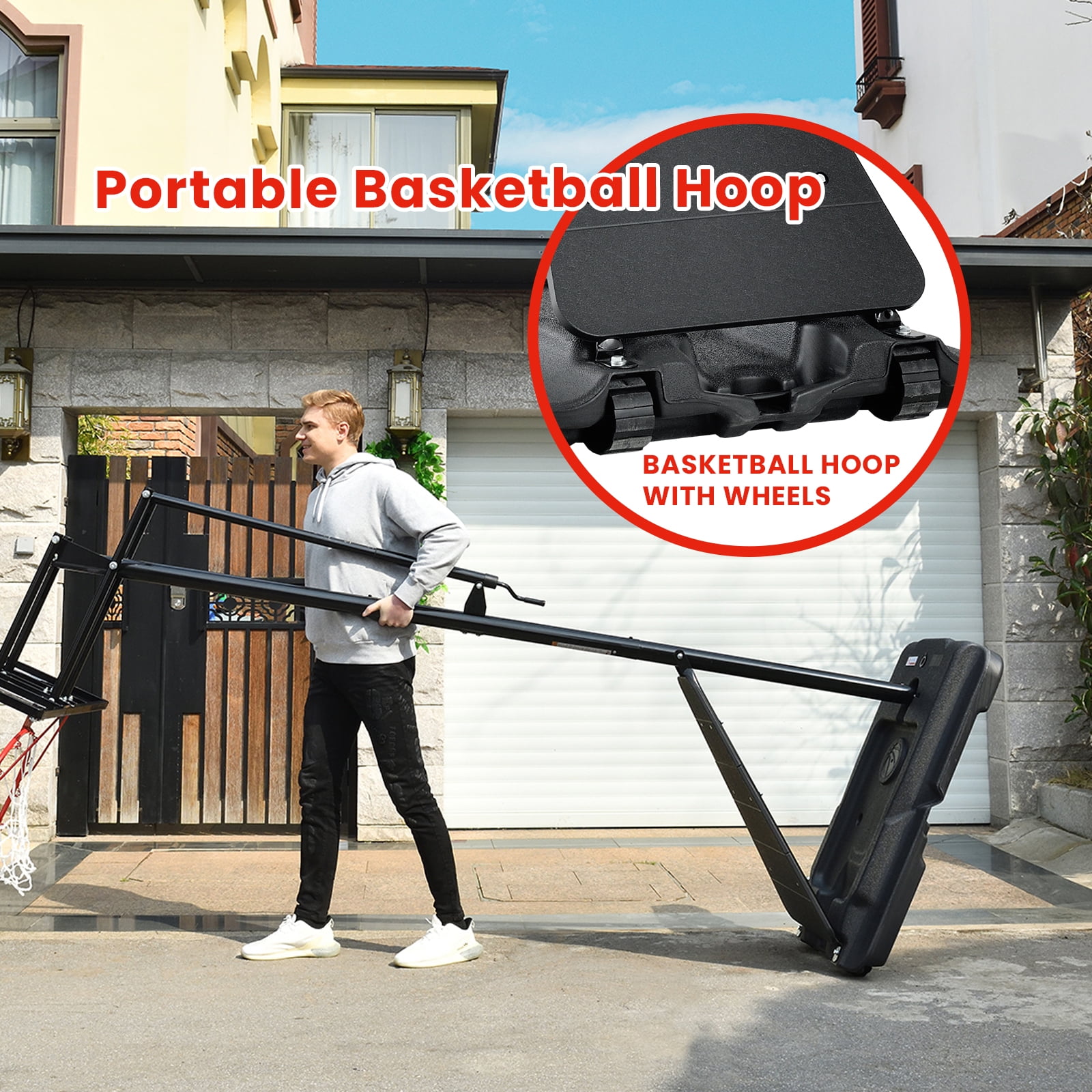 Anymay Basketball Hoop Outdoor with 44 Inch Backboard，5.3-10FT Height Adjustable Basketball Hoop Goal System