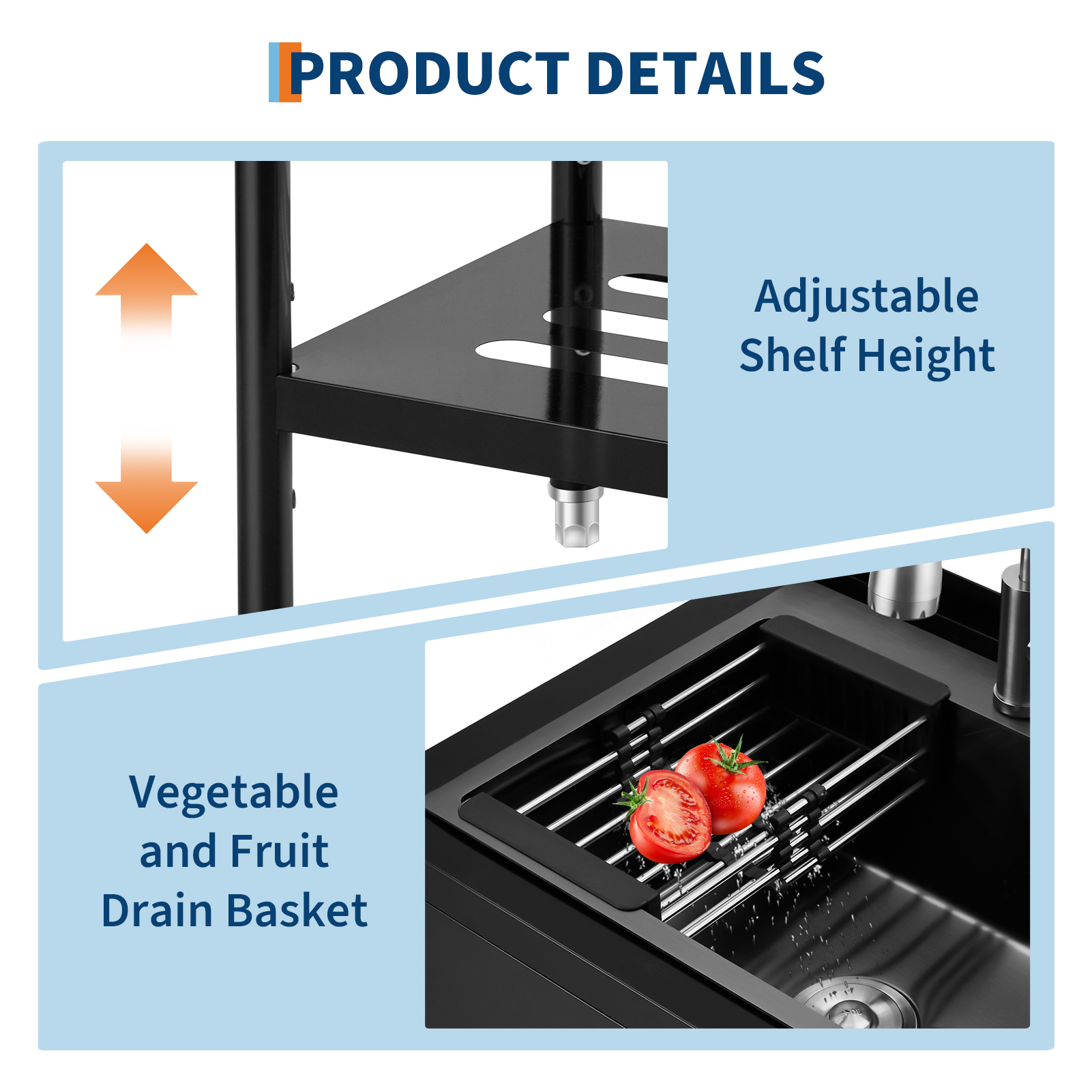 Amkui Stainless Utility Sink, Freestanding Outdoor Sink with Adjustable Legs, Storage Shelf,S-Hooks & Hot Cold Water Pipes, Kitchen Single Stainless Sinks for Laundry, Garage
