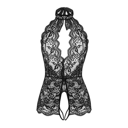

AMILIEe V-Neck See Through Lingerie Floral Lace Sexy Lingerie for Women One Piece Sleeveless Halter Neck Bodysuit