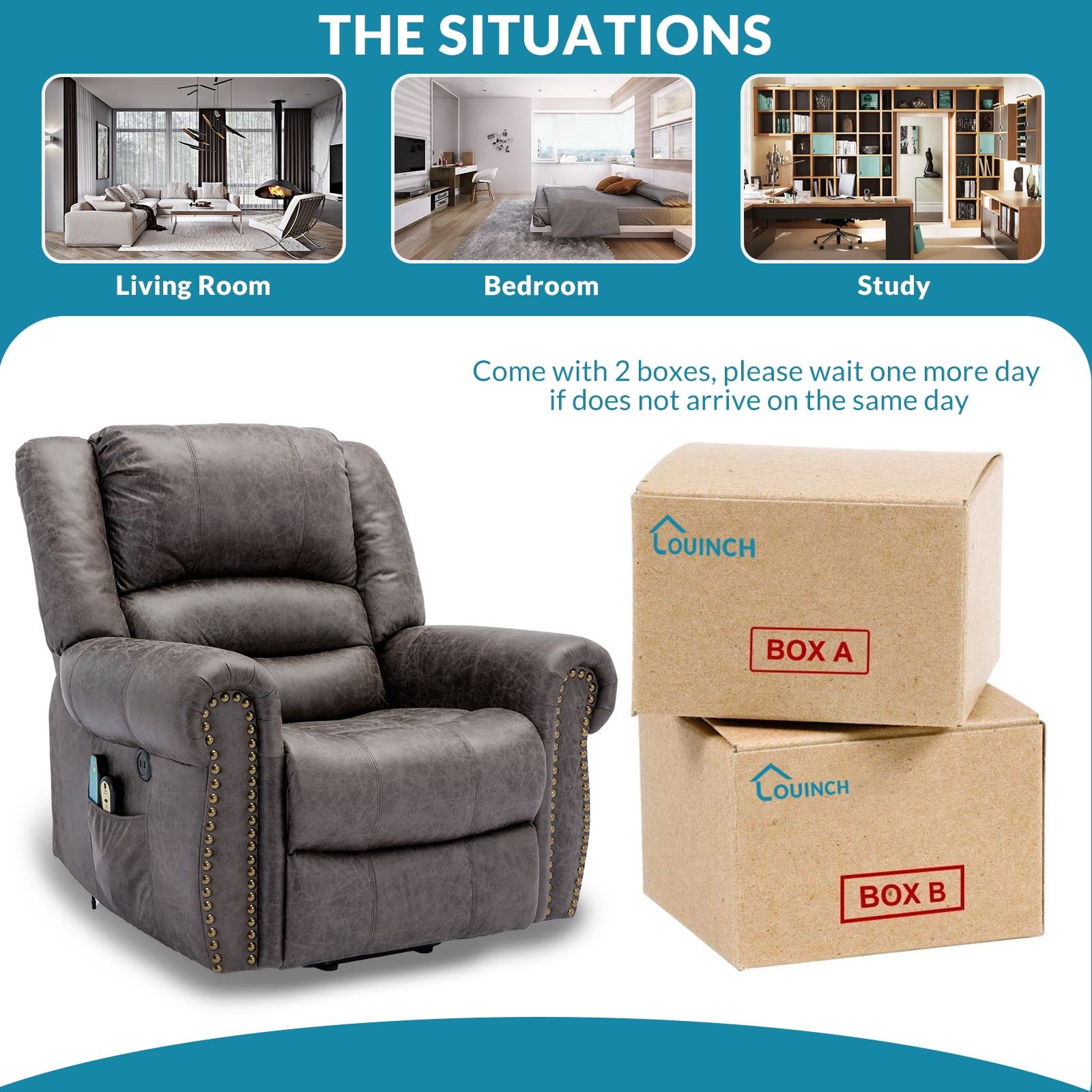 OUINCH Electric Power Lift Recliner Chair with Massage and Heat for Elderly, 2 Remote Controls, 2 Side Pockets, and USB Ports (Grey)