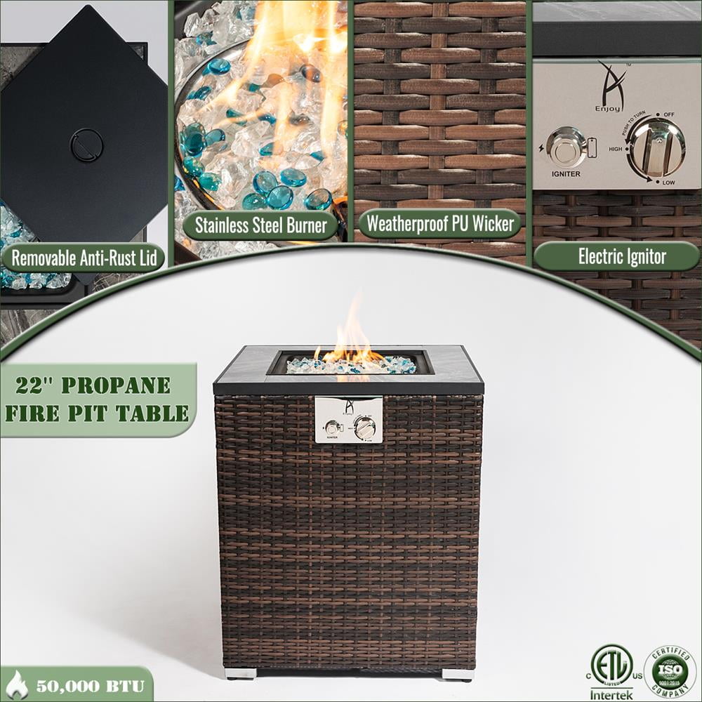 Topcobe Propane Gas Fire Pit Table - Outdoor Patio Decor, Square Fireplace with Tile Top & Wicker Base, Espresso Color 50000 BTU Powerful Heat