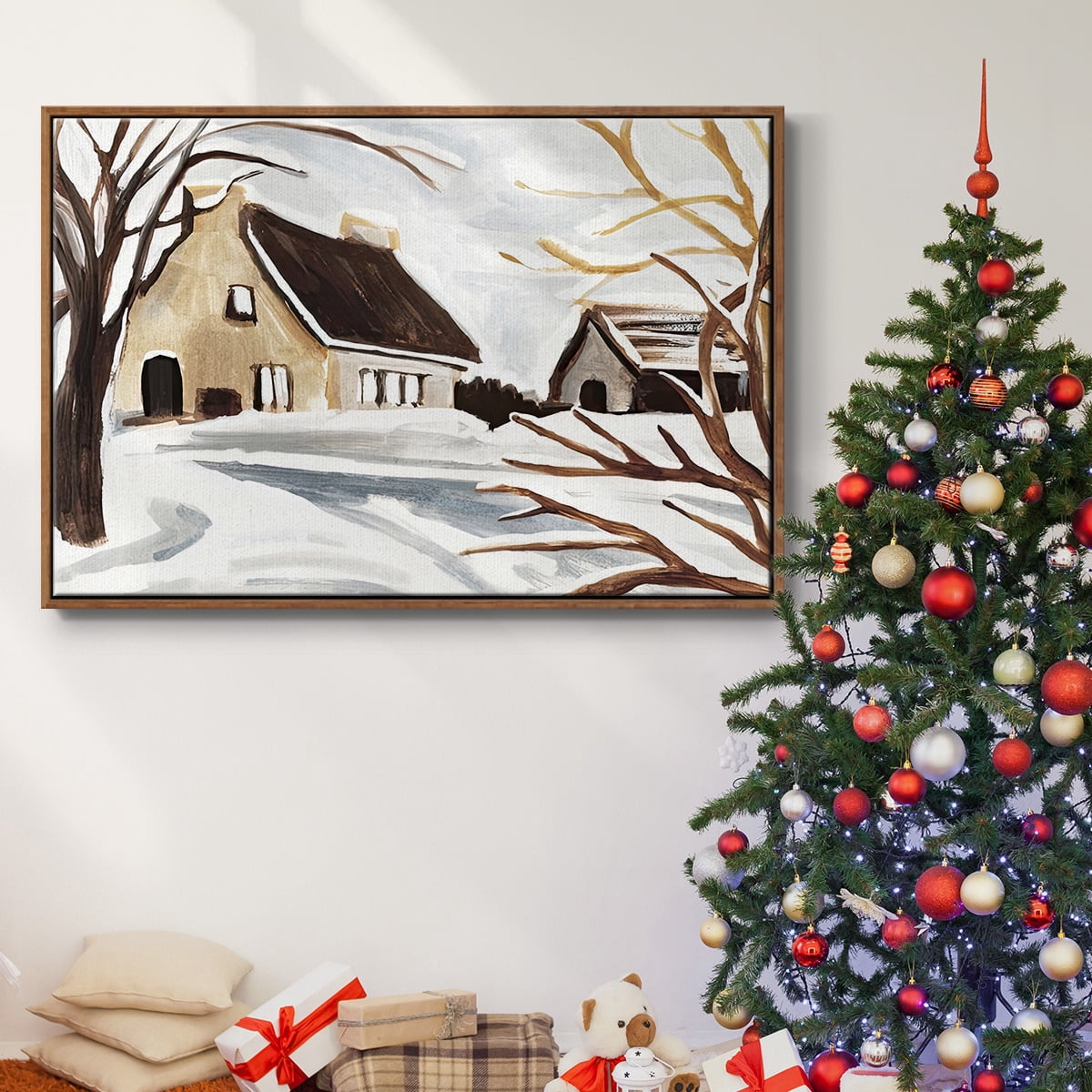 Winter Cottage II - Framed Gallery Wrapped Holiday Canvas - 25 x 37 - Rosewood Frame