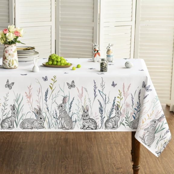 Easter Tablecloth 60×84 Inch Rectangular, Grey Easter Bunny Butterfly Washable Seasonal Table Cover for Party Picnic Dinner Decor
