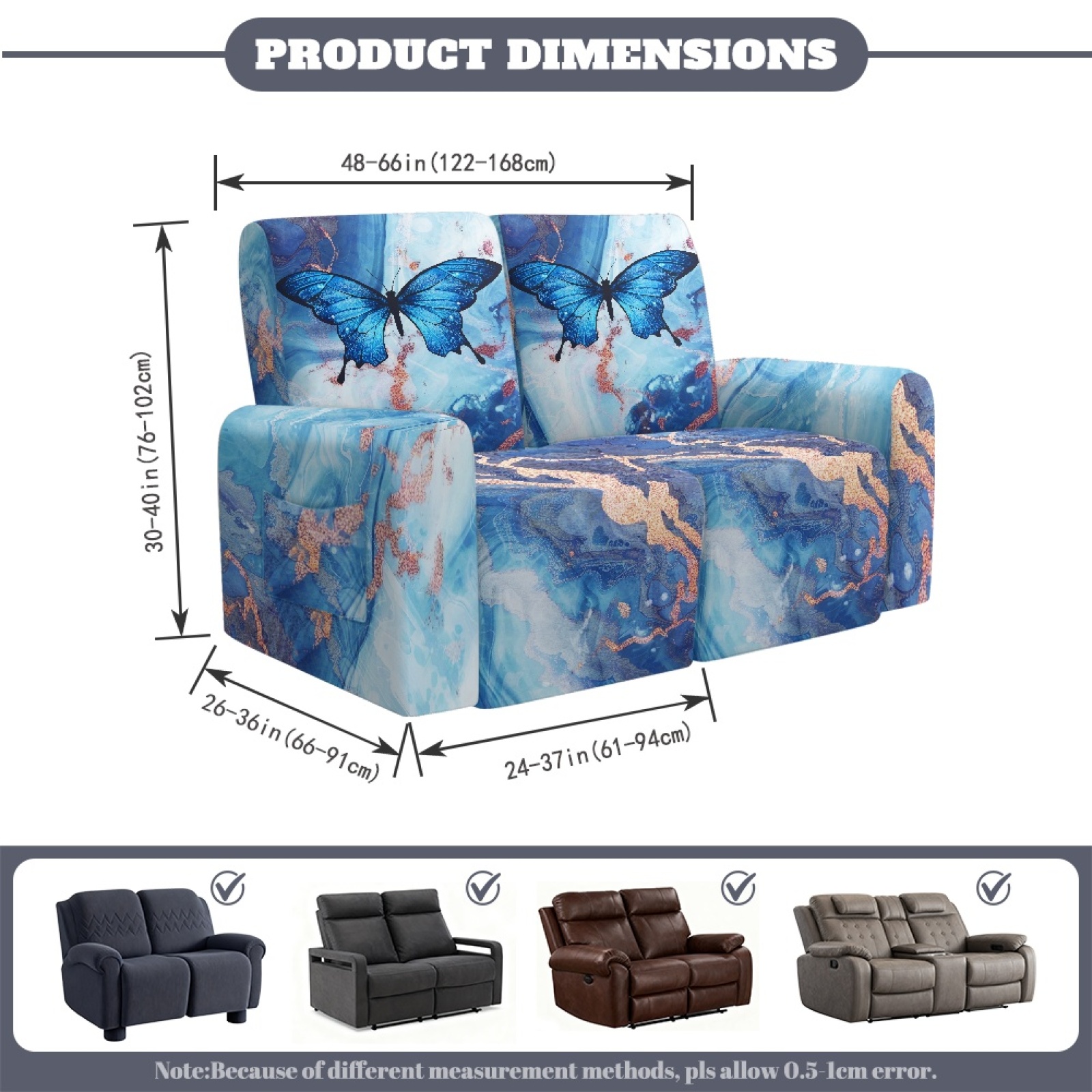 Xoenoiee Blue Butterfly Marble Print Recliner Loveseat Covers, 2 Seater Recliner Couch Covers for 2 Cushion Couch 6 Pieces Stretch Dual Reclining Loveseat Couch Covers