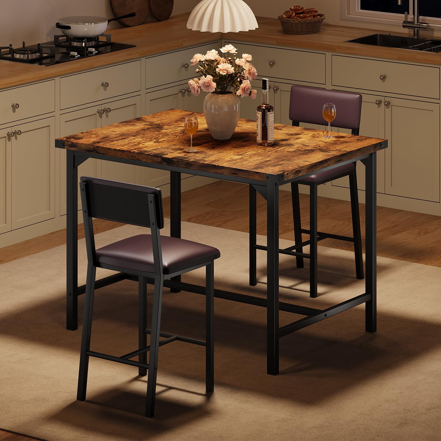 Huisuilinss Dining Table Set For 2,3-Piece Kitchen Table Set,Counter Height Kitchen Table With 2 Upholstered Chairs,Wood Dining Table Set With Footrest & Corner Protector For Apartment Pub