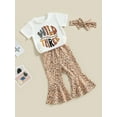 thumbnail image 3 of Bagilaanoe 3pcs Toddler Baby Girl Long Pants Set Letter Print Short Sleeve T-Shirts Tops + Leopard Flare Trousers + Headbands 12M 18M 24M 3T 4T 5T Kids Casual Outfits, 3 of 8