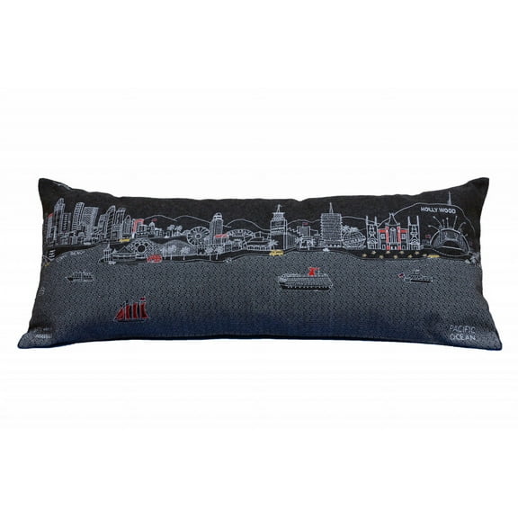 35" Black Los Angeles Nighttime Skyline Lumbar Decorative Pillow
