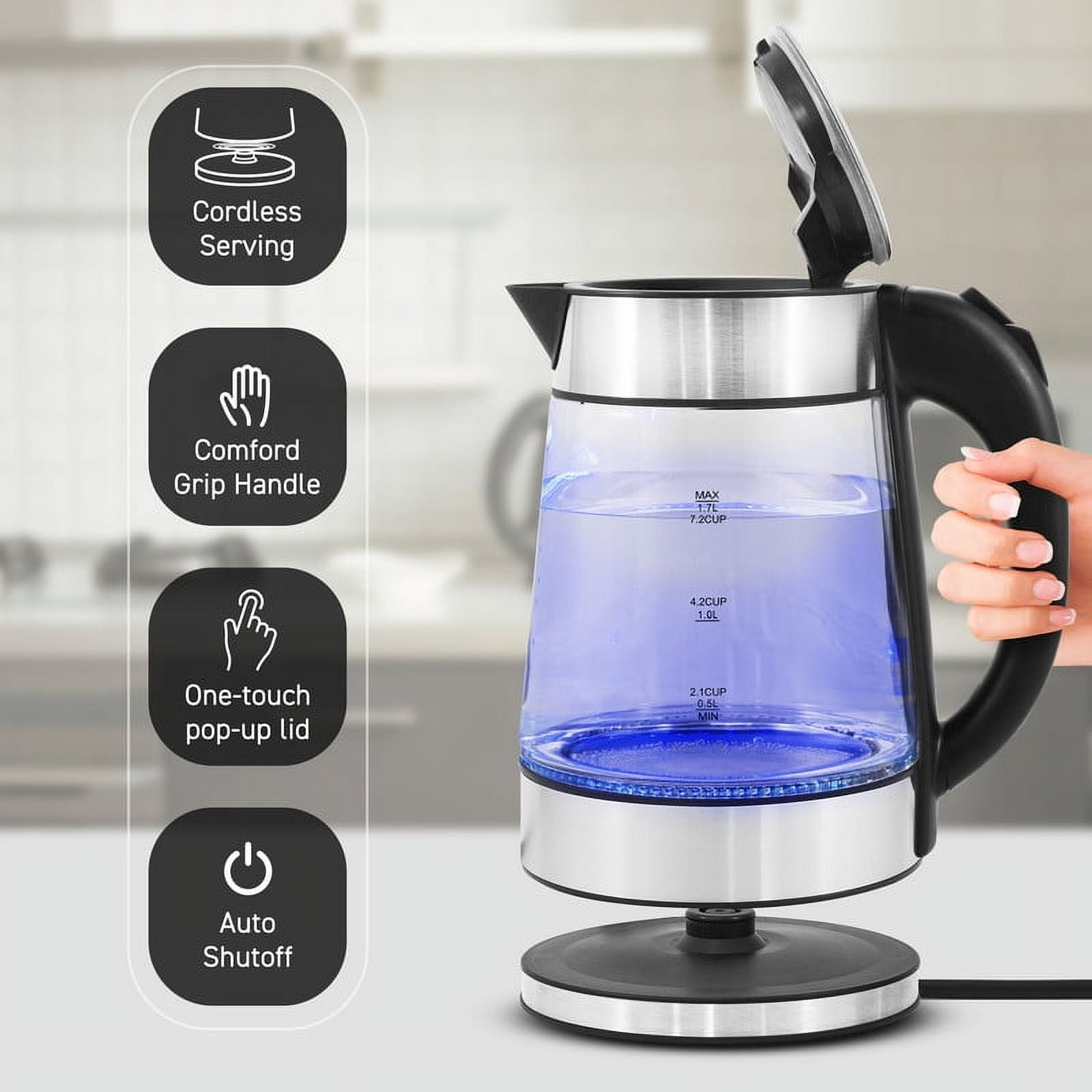 Elite Cuisine EKT605 Cordless 1.7L Glass Kettle, Stainless Steel Accents