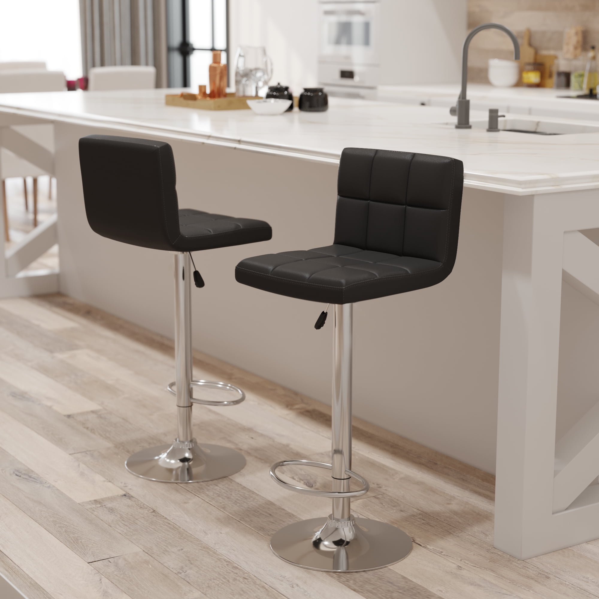 Vineego Modern Square PU Leather Swivel Adjustable Bar Stool, Set of 2, Bar Stool for Kitchen Counter,Black