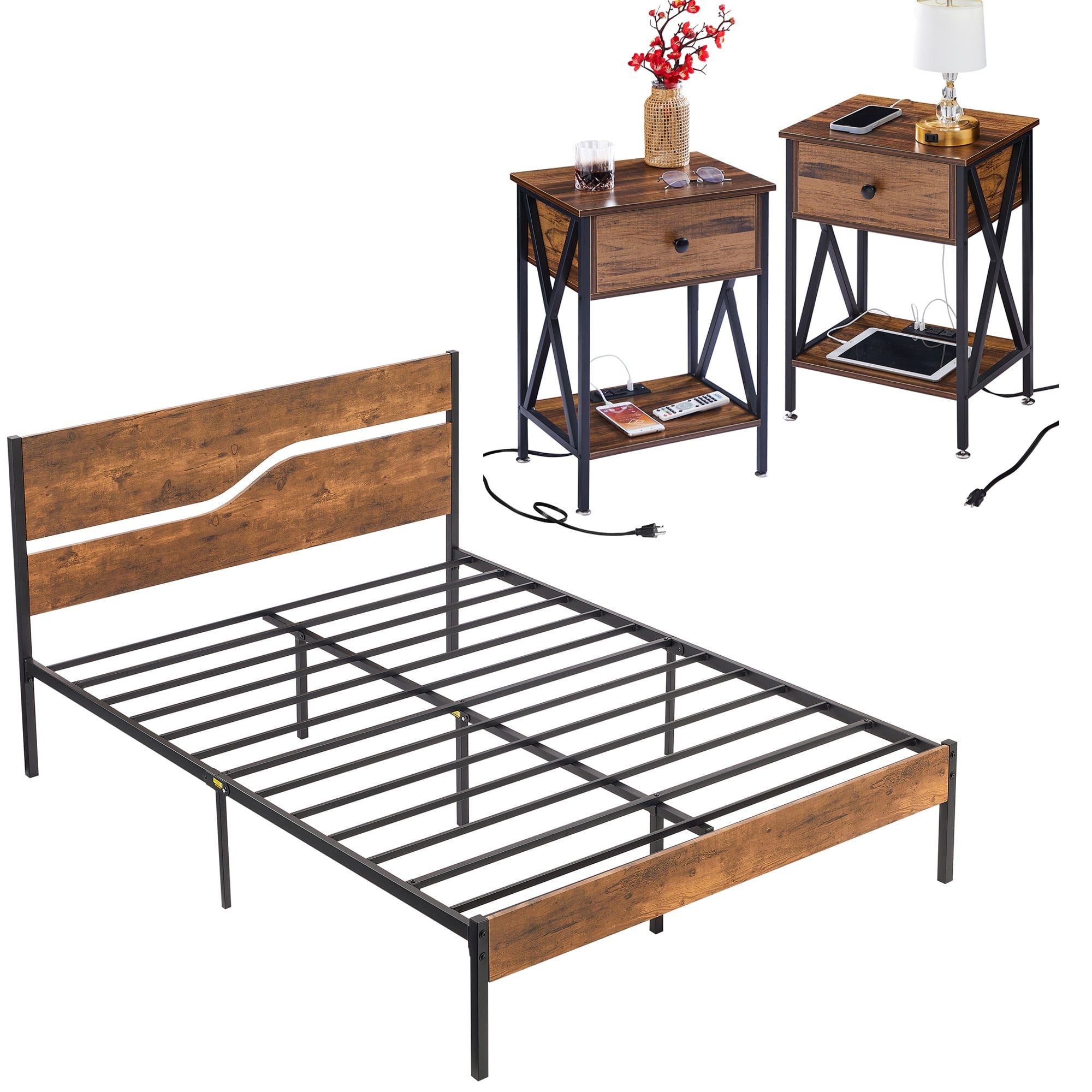 VECELO 3Piece Bedroom Set with Charging Station and USB Ports Nightstand + Queen Platform Bed