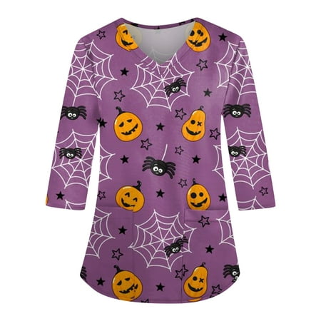 

PURJKPU Halloween Scrub Tops for Women Clearance V Neck Uniforms Pumpkin Face Spider Web Pattern Tee Tops 3/4 Sleeve Nursing Tops with Pockets Light Purple 2XL