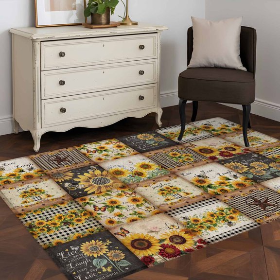 3'x5' Area Rugs, Sunflowers Indoor Outdoor Area Rug for Living Room Bedroom, Farmhouse Vintage Western Texas Star Plaid Washable Bathroom Rugs Kitchen Floor Carpet Mats Home Decor Aesthetic