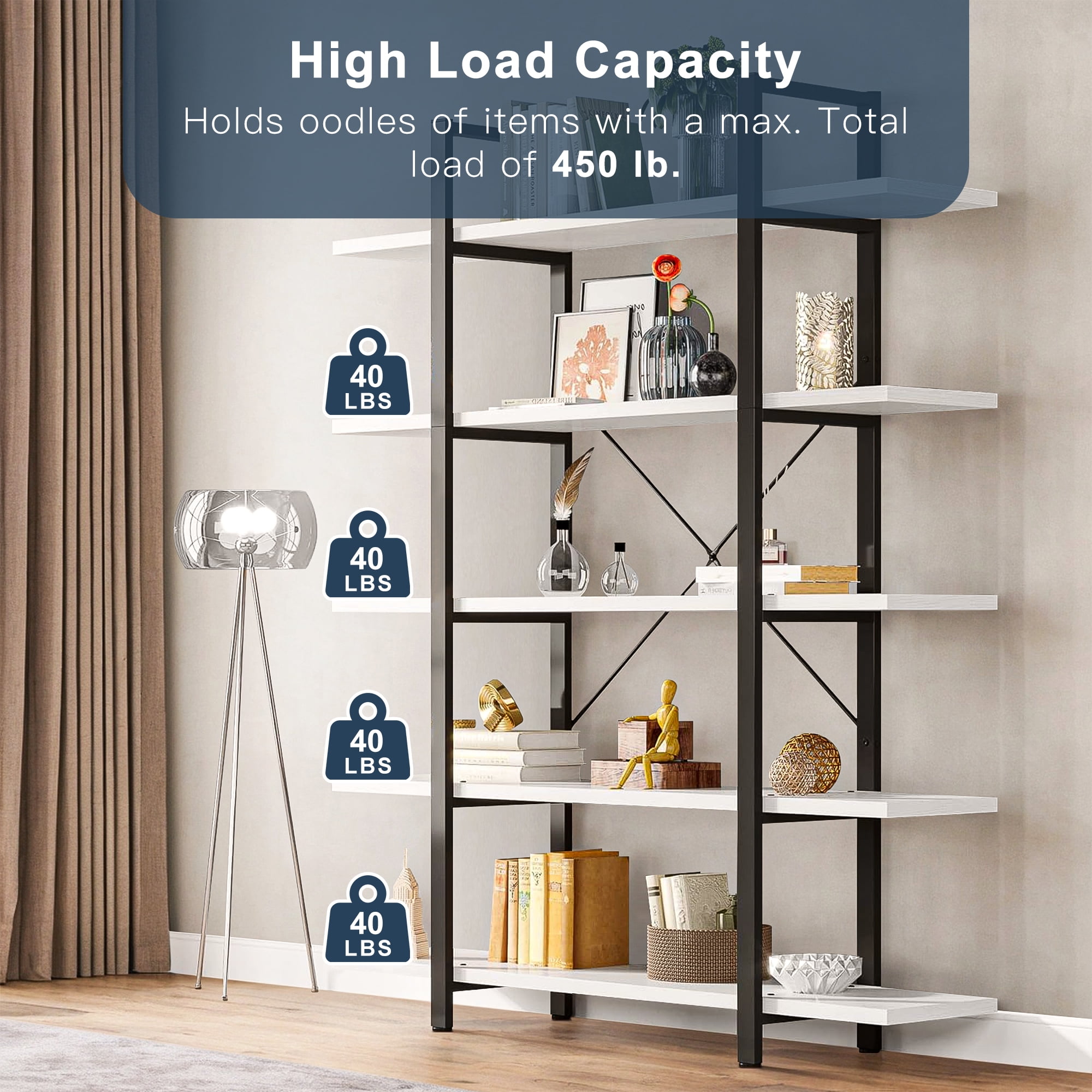 Demi Bonn 5 Tier Bookshelf, Bookshelves, Open Etagere Bookcase Shelf Storage Organizer, Free Standing Storage Shelving Unit for Bedroom, Living Room and Home Office, White & Black