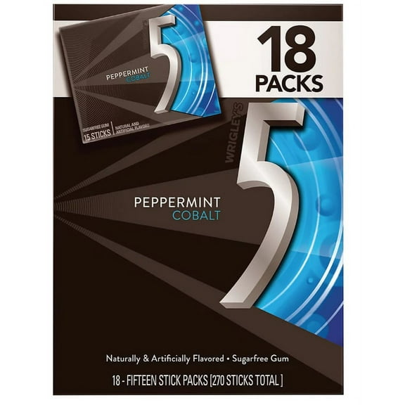 5 Gum Peppermint Cobalt Sugar-Free Mint Chewing Gum, 18 pk.