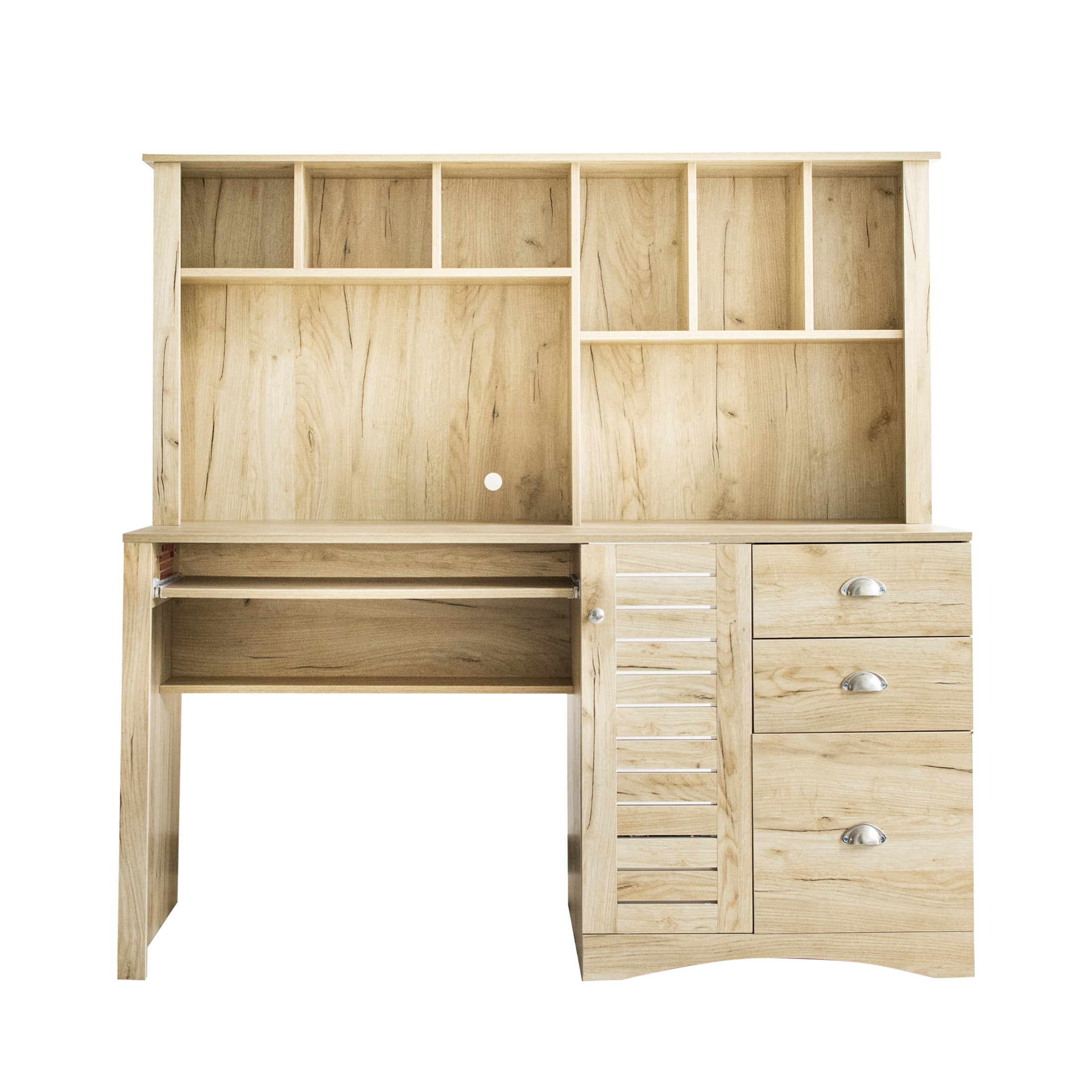 Aukfa 59" Computer Desk with Hutch for Home Office, 3 Drawers, Keyboard Tray, Oak Color
