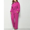 thumbnail image 4 of qolati Plus Size Jumpsuits for Women Dressy Button Down V Neck Long Sleeve High Waist Belted Wide Leg Elegant Formal Romper Jumpsuits Pockets, 4 of 5