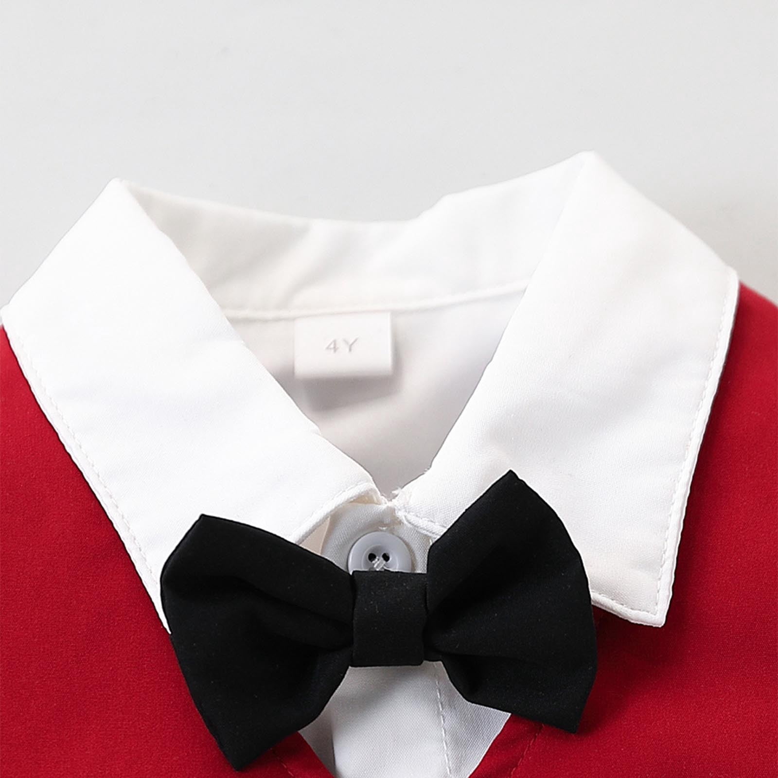 Gubotare Toddler Wedding Outfit Boy Toddler Boy Suit Gentleman Outfit Button up Shirt Bow Tie Vest Elastic Pants Formal Clothes 6-7,(Red 6-7 Years)