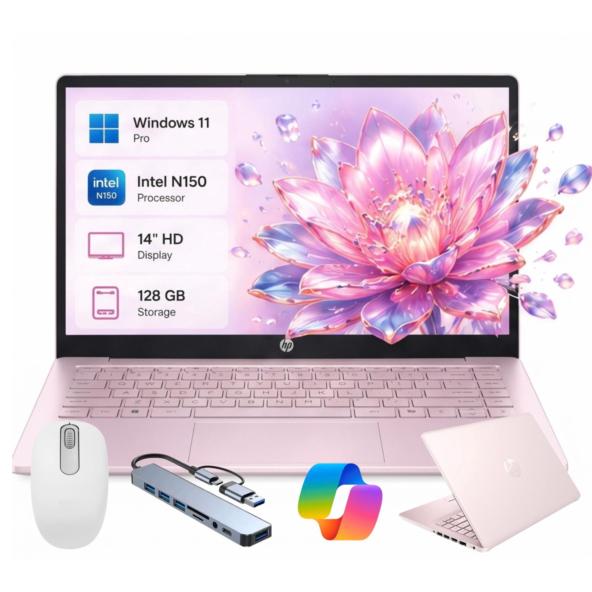HP 14 Ultra Thin Laptop with Copilot AI Intel Quad-Core N150 16GB RAM 128GB eMMC Windows 11 Pro 1 Year Microsoft Office Lightweight Rose Gold Notebook for Work and School