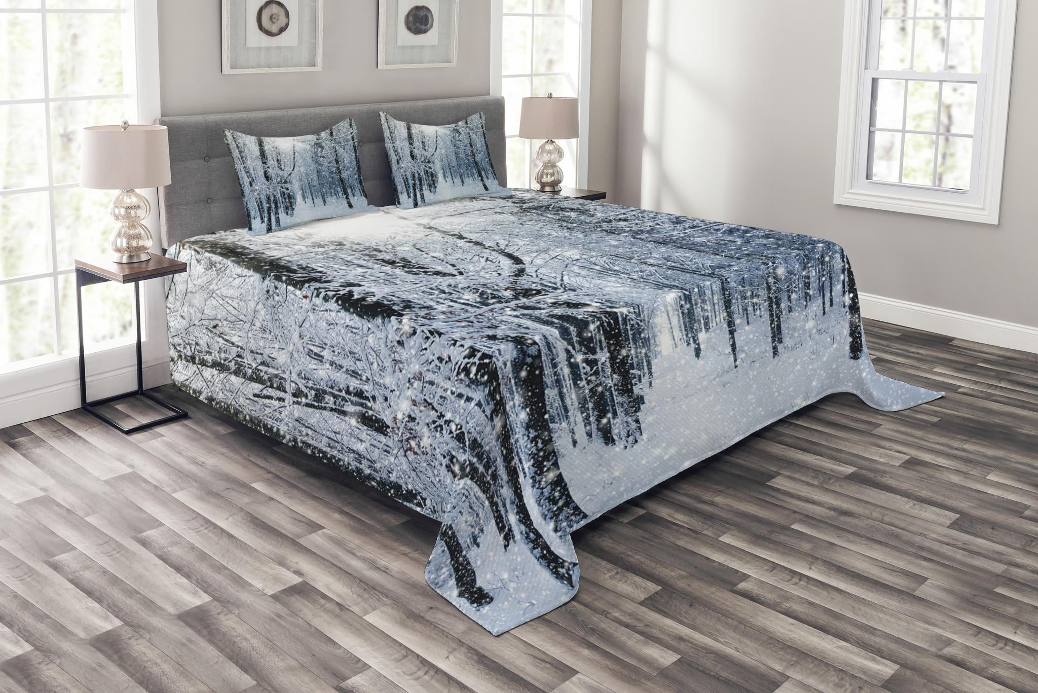 Winter Bedspread Set, Snow Covered Forest Idyllic Early Morning Scenery