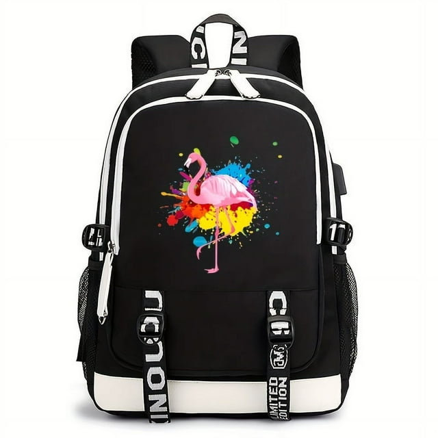 Flamingo-Patterned Large Capacity Casual Backpack with USB Charging Port - Perfect for Outdoor Travel!