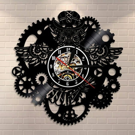 YanGxx Steampunk Owl Wall Art Wall Clock Vintage Vinyl Record Clock Home Decor Gear Cog Night Owl Steampunk Personalized Wall Watch