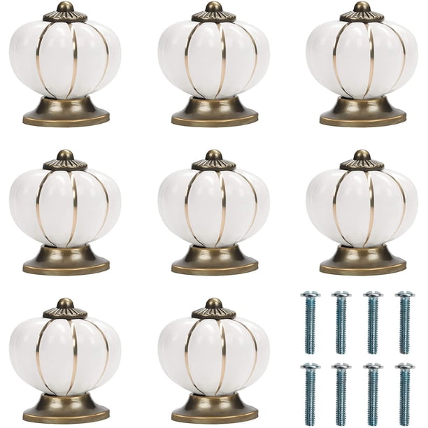 Pomo Cerámica Blanco y Dorado con Tornillos Calabaza (Juego de 8) - 4x4cm - Pomo Redondo Vintage - Para Hogar, Oficina, Gabinete de Cocina, Cajones y Armarios Kuyhfg Bienvenido a Kuyhfg