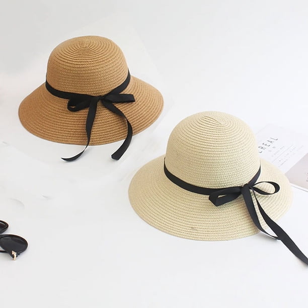 Sombrero de paja para niñas, sombrero flexible de playa para verano, sombrero de visera de viaje de ala ancha para niños con lazo para niñas de 9 a 18 años, 2 piezas